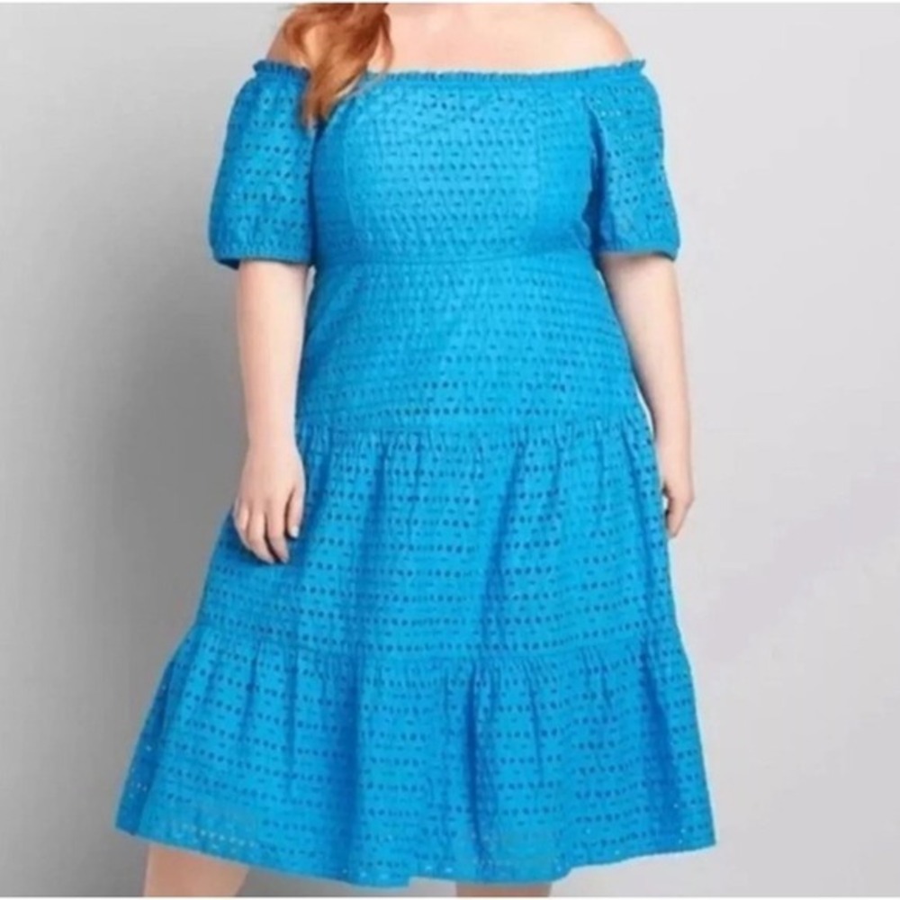Lane Bryant Women's 24 Off Shoulder Tiered Eyelet Midi Dress Beachy Boho Cottage